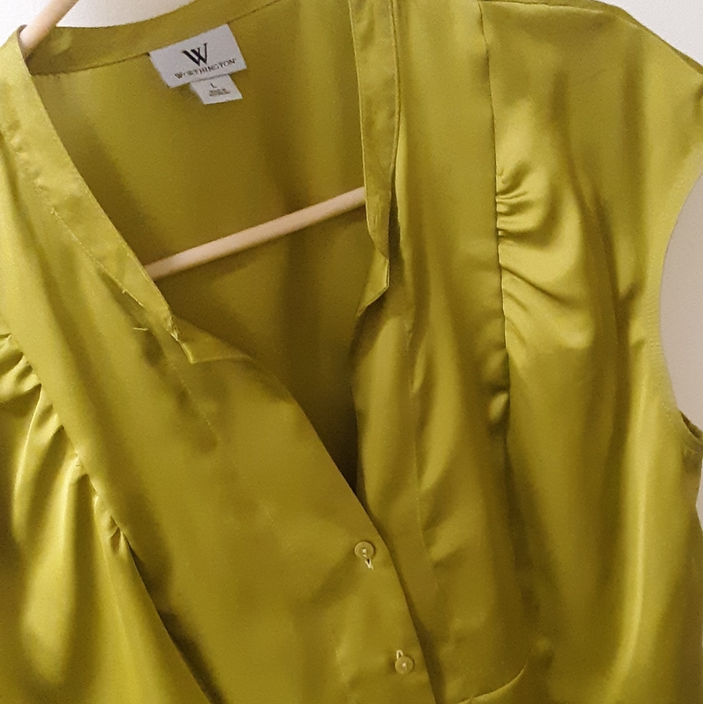 Worthington Button Down Top Large Green/Gold Blouse